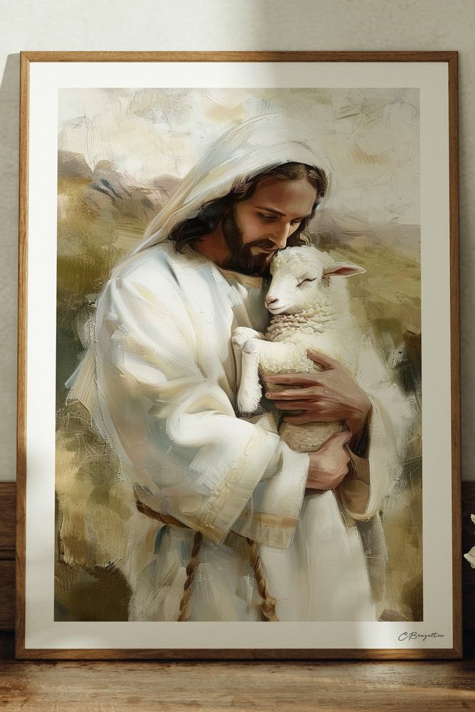 The Good Shepherd #3 Christian art, oak frame leaning on ledge
