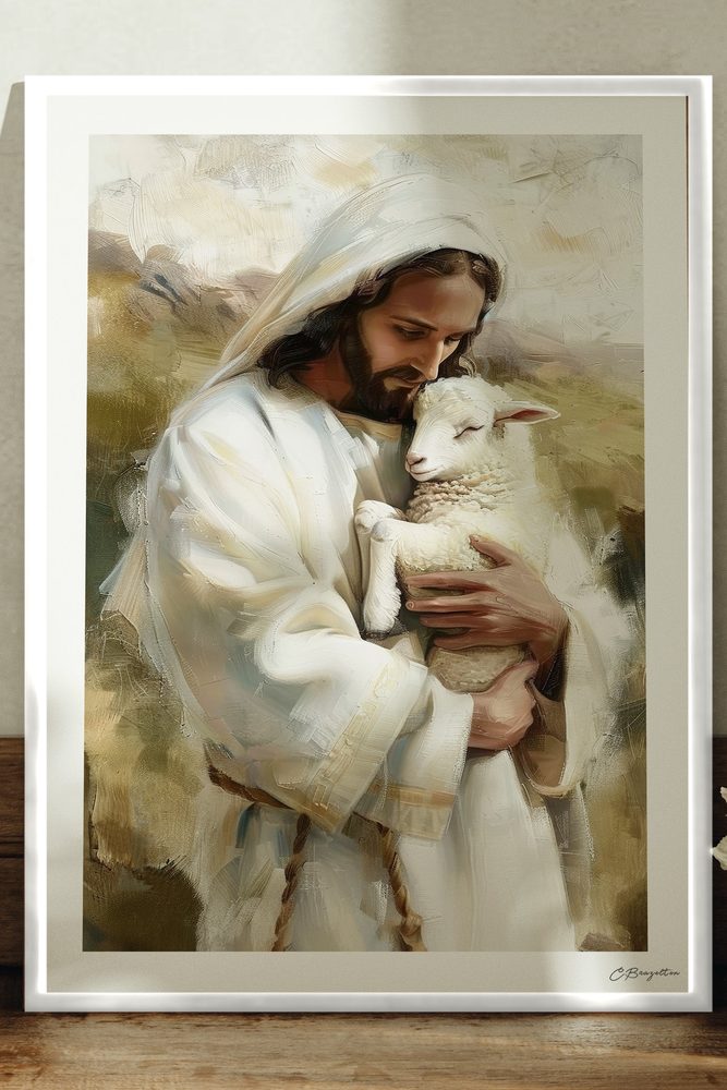 The Good Shepherd #3 Christian art, white frame leaning on ledge