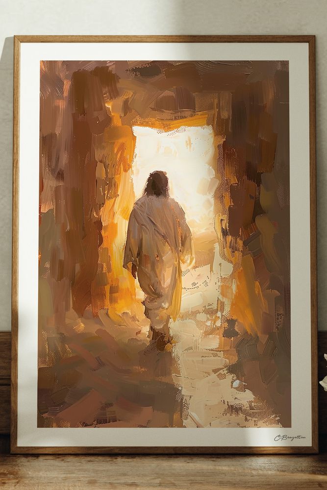 The Resurrection Christian art, oak frame leaning on ledge