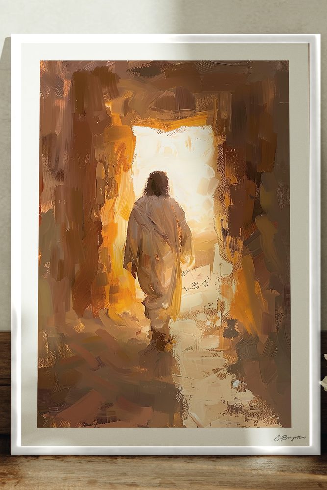The Resurrection Christian art, white frame leaning on ledge
