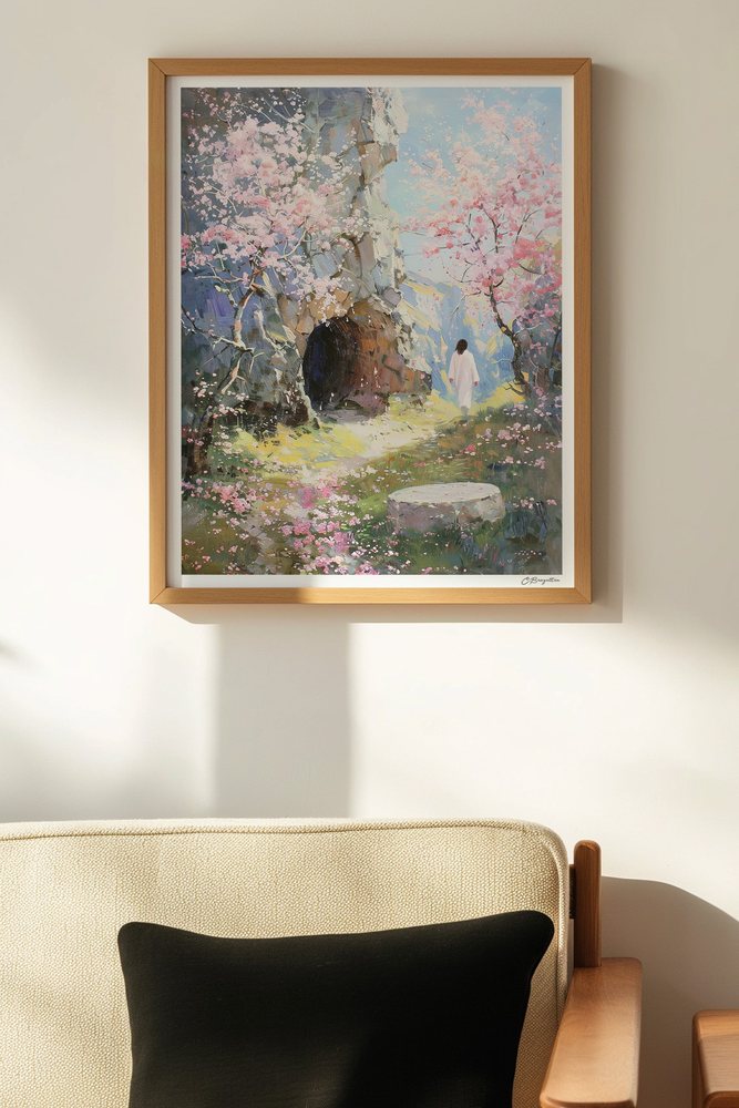 The Way in the Wilderness Christian art, oak frame on wall above chair