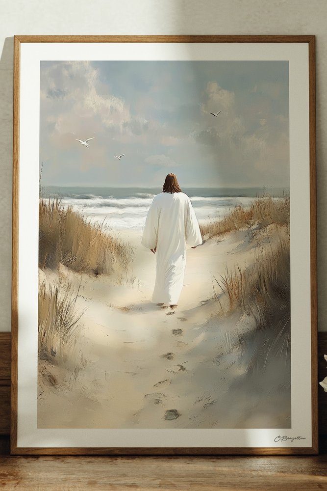 Walk With Me Christian art, oak frame leaning on ledge