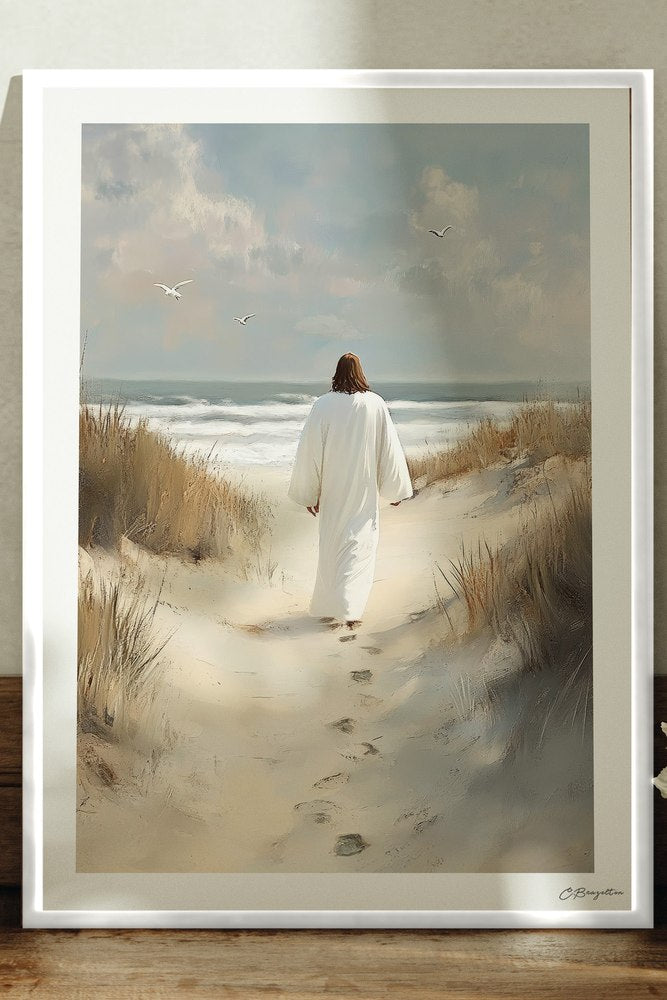 Walk With Me Christian art, white frame leaning on ledge