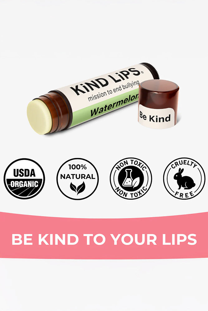 Organic Watermelon Chapstick tube with USDA Organic and cruelty-free badges