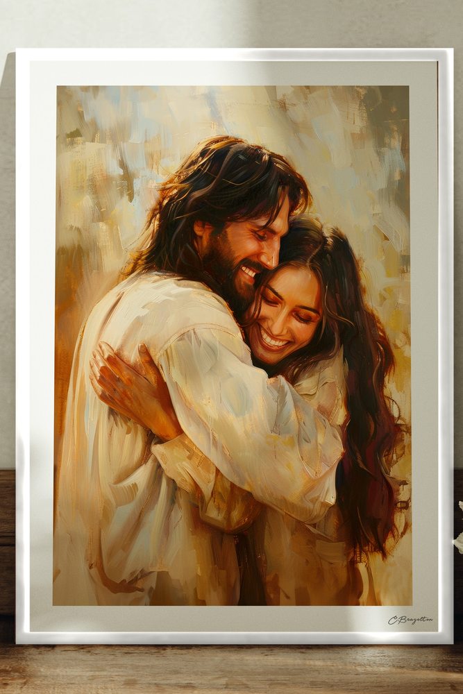 Welcome Home Christian art, white frame leaning on ledge