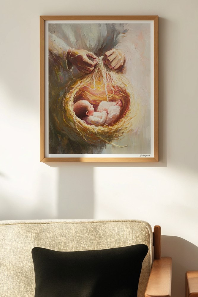 Wonderfully Made #2 Christian art, oak frame on wall above chair