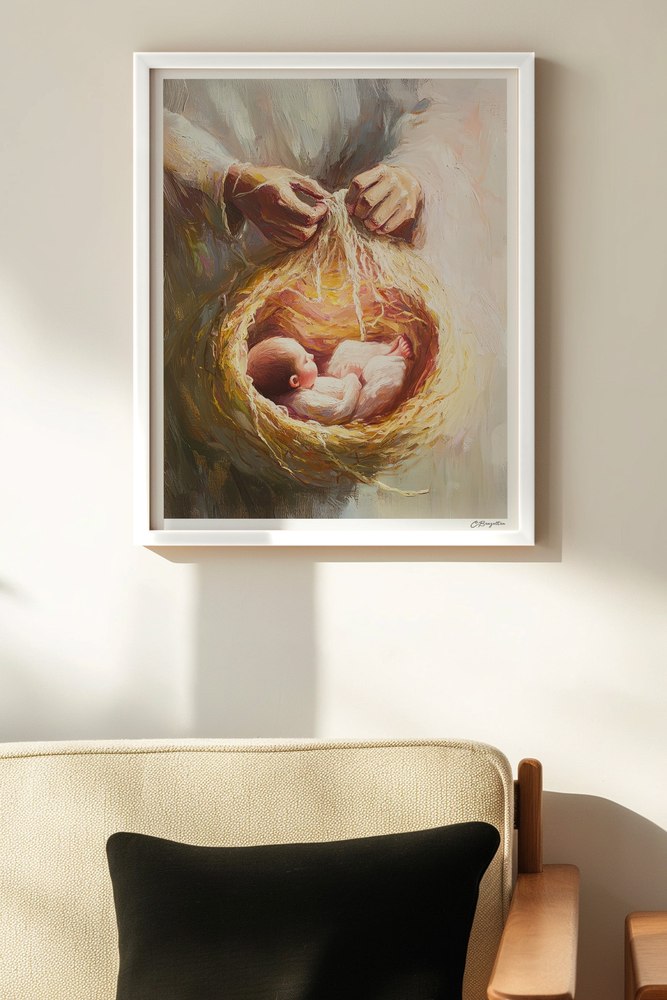 Wonderfully Made #2 Christian art, white frame on wall above chair