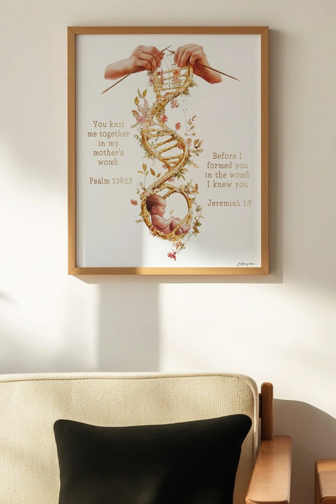 Wonderfully Made Christian art, oak frame on wall above chair