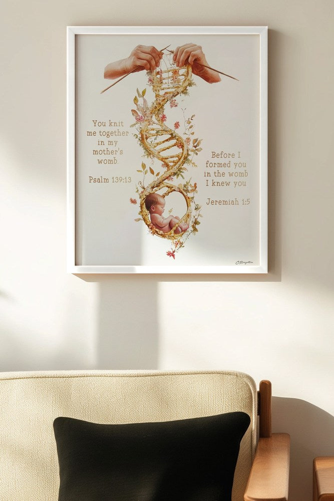 Wonderfully Made Christian art, white frame on wall above chair
