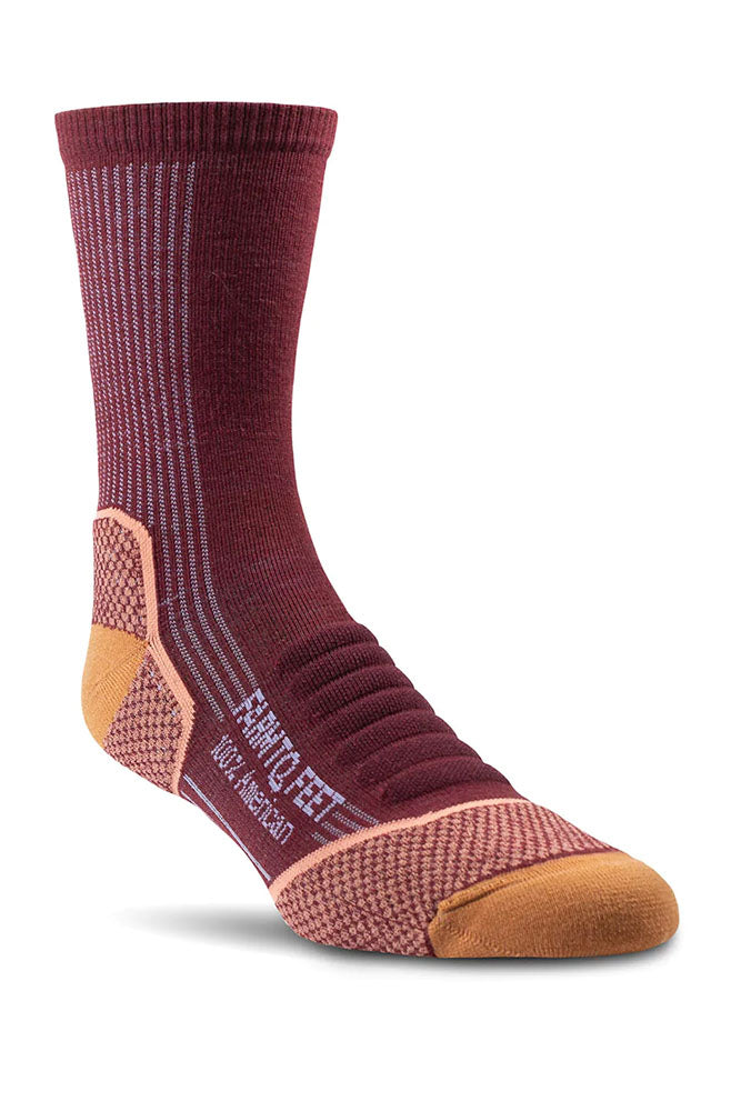 USA-made 3/4 Light Damascus socks in plum with orange heel and toe
