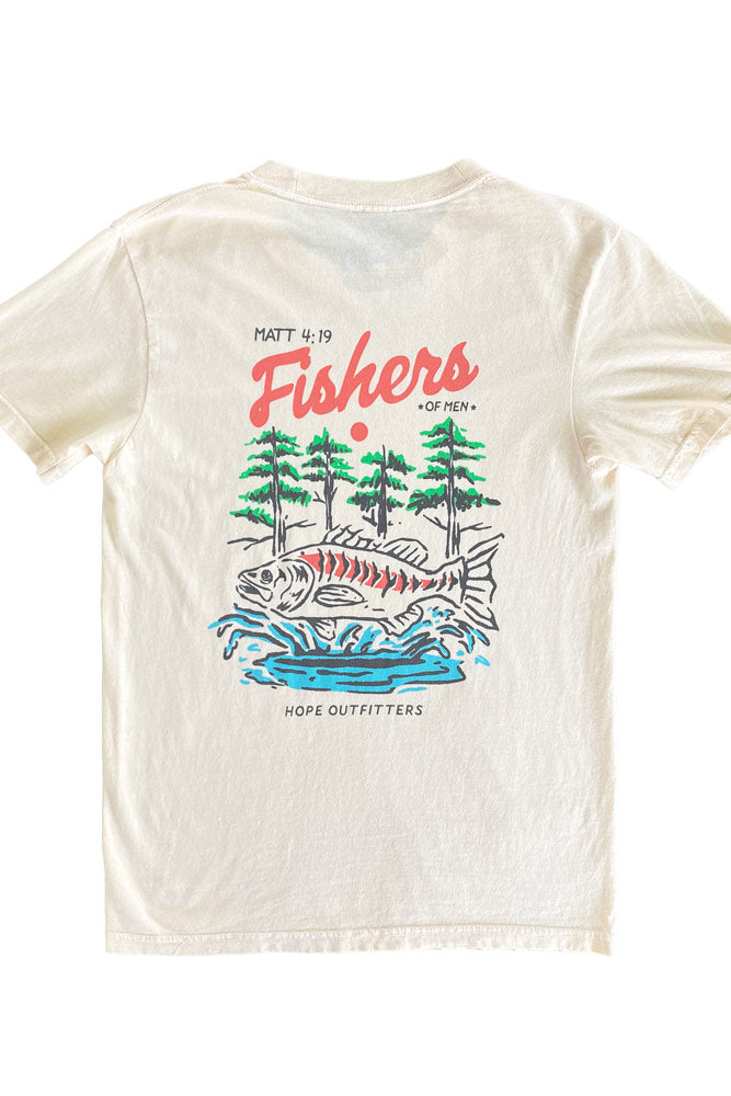 Fishers of Men Christian t-shirt, cream with Fishers of Men back print, back flat lay