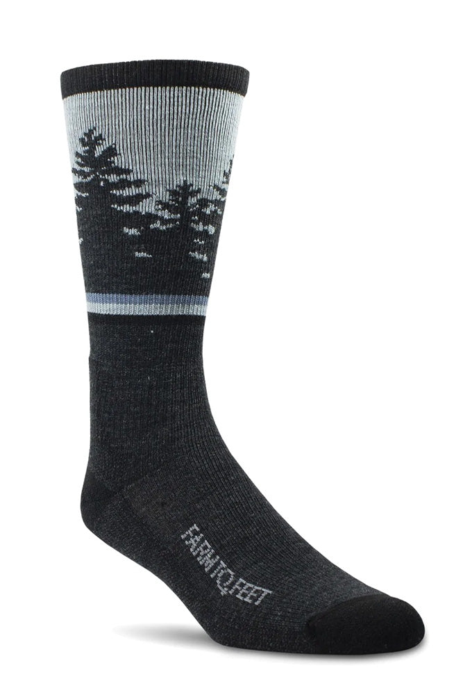 USA-made Light Crew Spokane socks in charcoal with a pine tree cuff design