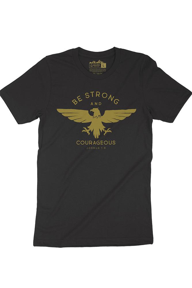 Be Strong Eagle Christian t-shirt, charcoal with gold eagle print, front flat lay