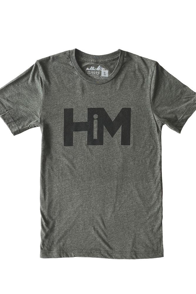 HiM Christian t-shirt, heather gray with black HiM logo, front flat lay
