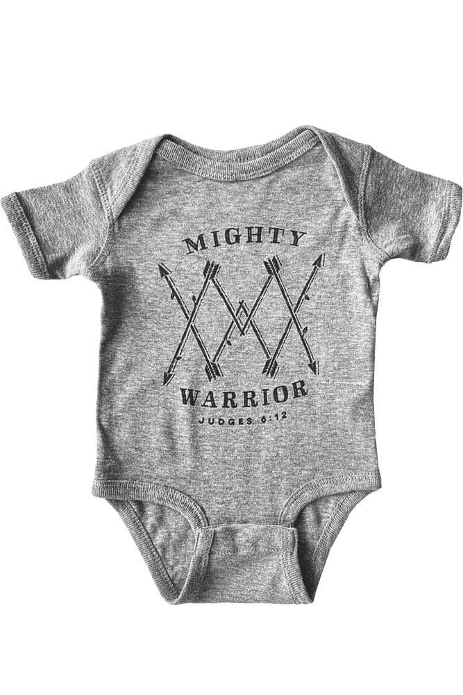 Mighty Warrior onesie, heather gray with arrows design, flat lay