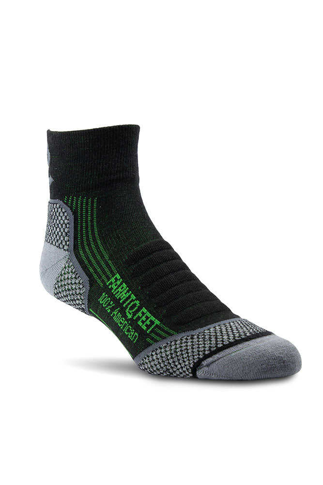 USA-made 1/4 Damascus socks in black with green accents, side view